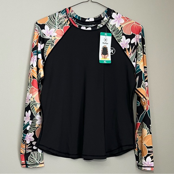 Hurley Tops - Hurley Black Floral Long Sleeve Rash Guard – UPF 50+ Swim Top, Women’s XL